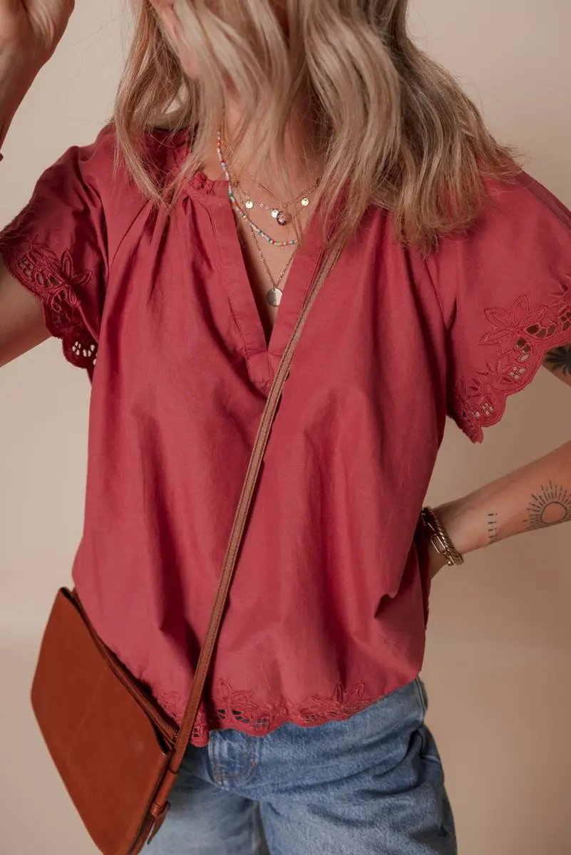 Red Dahlia Floral Embroidered Scallop Trim Short Sleeve Blouse - Love Salve 