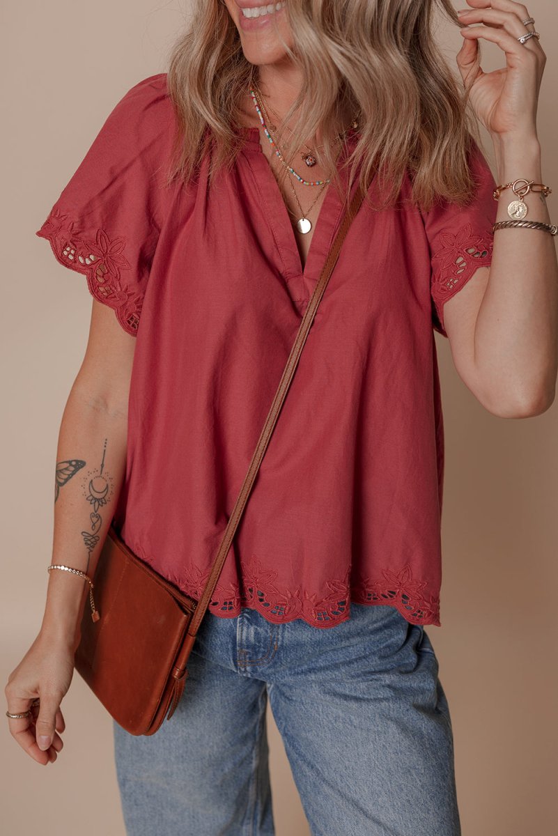 Red Dahlia Floral Embroidered Scallop Trim Short Sleeve Blouse - Love Salve 