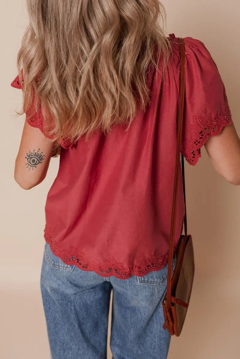 Red Dahlia Floral Embroidered Scallop Trim Short Sleeve Blouse - Love Salve 
