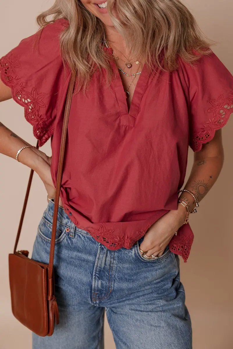Red Dahlia Floral Embroidered Scallop Trim Short Sleeve Blouse - Love Salve 