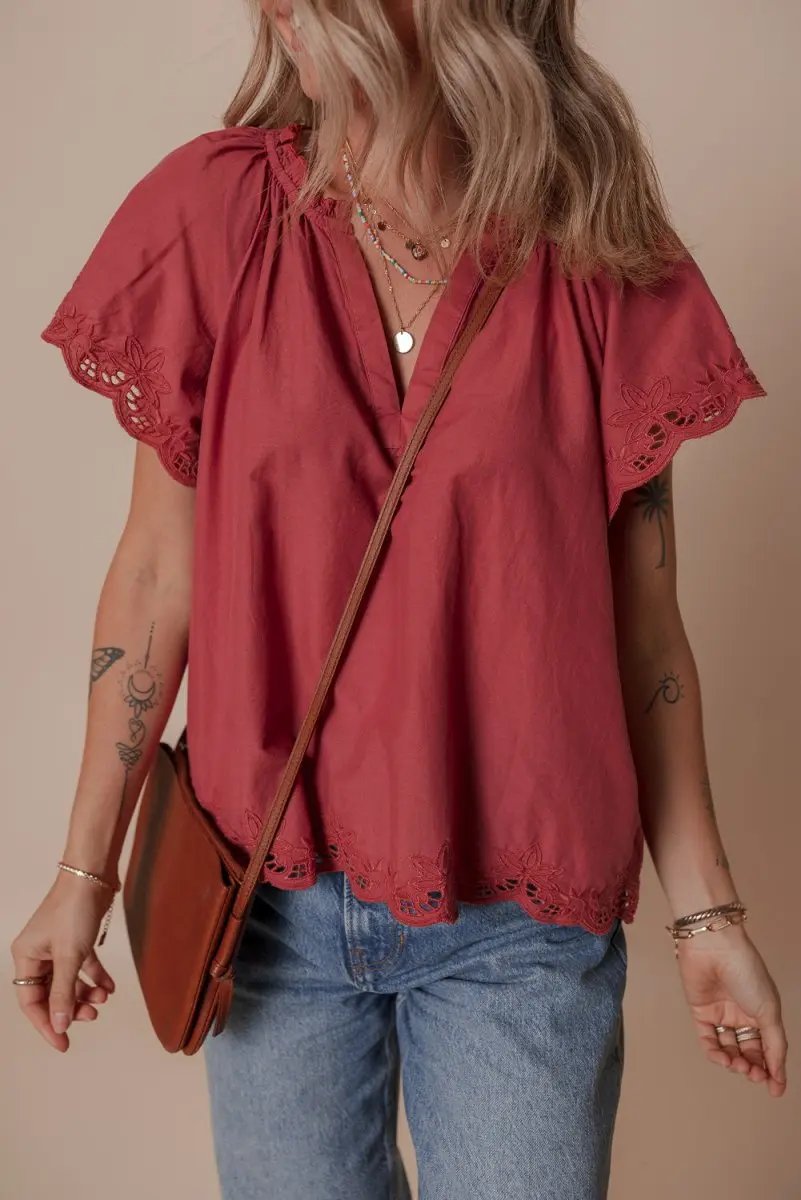 Red Dahlia Floral Embroidered Scallop Trim Short Sleeve Blouse - Love Salve 