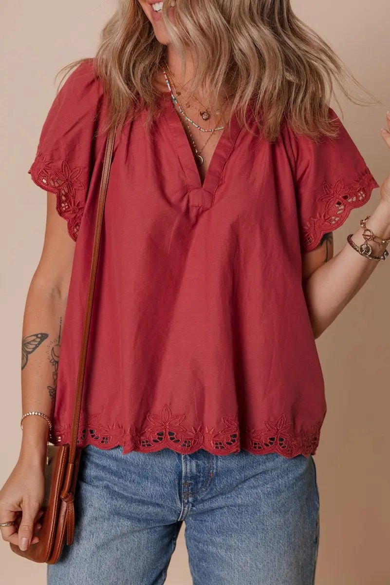 Red Dahlia Floral Embroidered Scallop Trim Short Sleeve Blouse - Love Salve 