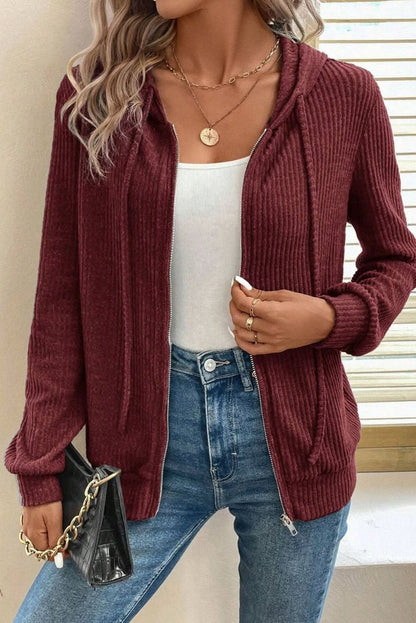 Red Dahlia Ribbed Zip Up Front Drawstring Hoodie - Love Salve 