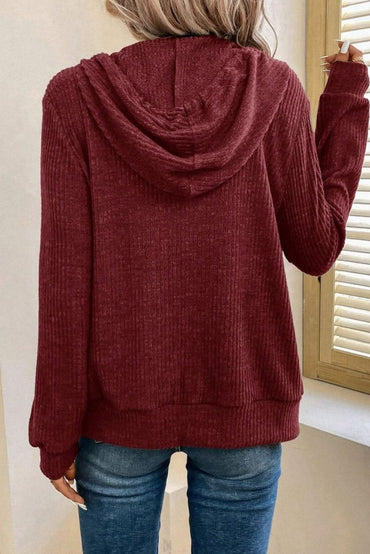 Red Dahlia Ribbed Zip Up Front Drawstring Hoodie - Love Salve 