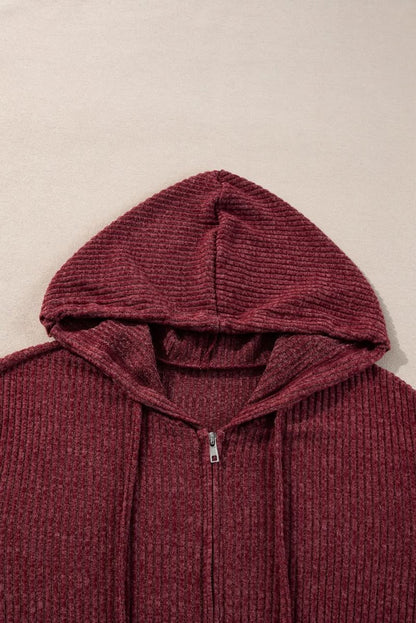 Red Dahlia Ribbed Zip Up Front Drawstring Hoodie - Love Salve 