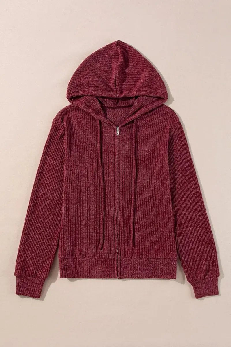 Red Dahlia Ribbed Zip Up Front Drawstring Hoodie - Love Salve 