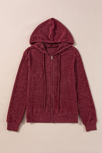 Red Dahlia Ribbed Zip Up Front Drawstring Hoodie - Love Salve 