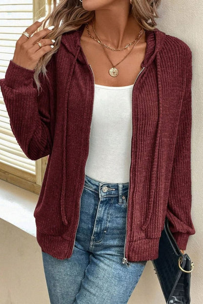 Red Dahlia Ribbed Zip Up Front Drawstring Hoodie - Love Salve 