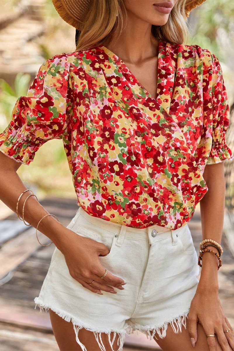 Red Floral Bubble Sleeve Pleated V Neck Wrap Blouse for Women - Love Salve 