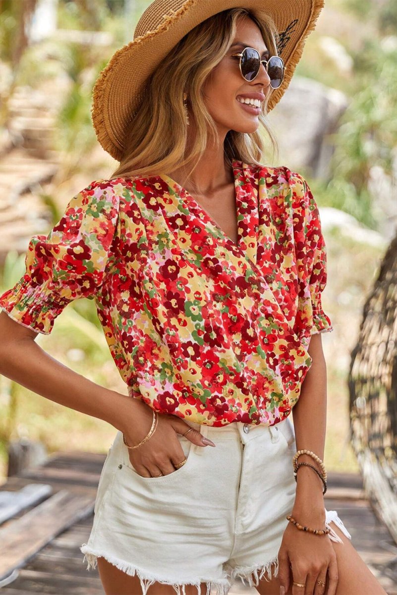 Red Floral Bubble Sleeve Pleated V Neck Wrap Blouse for Women - Love Salve 