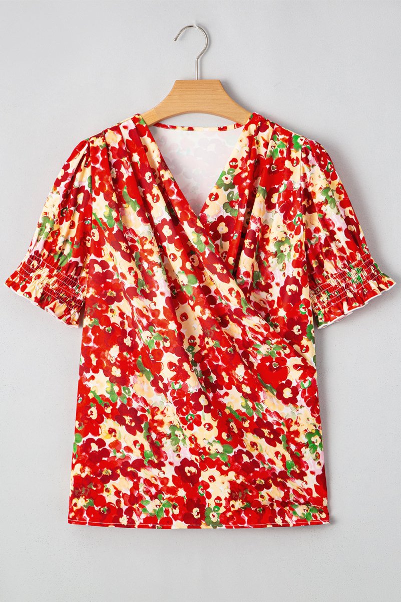 Red Floral Bubble Sleeve Pleated V Neck Wrap Blouse for Women - Love Salve 