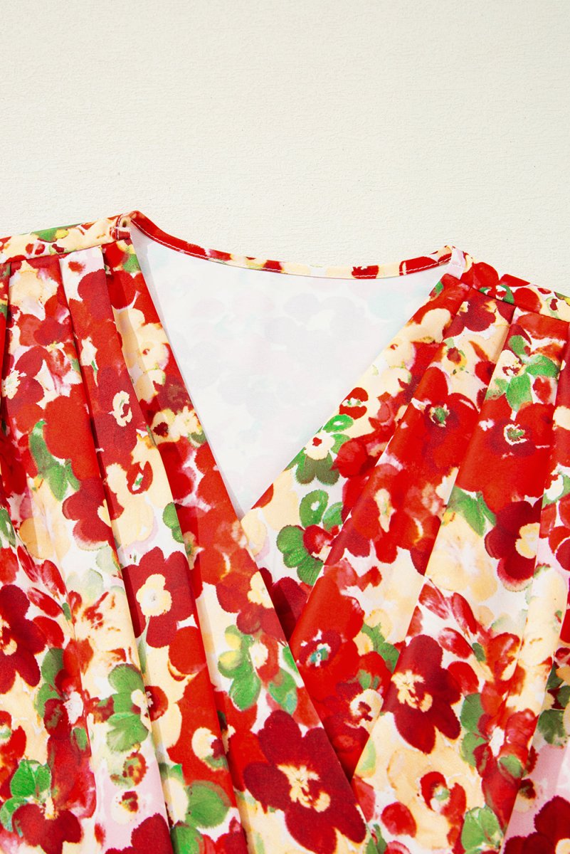 Red Floral Bubble Sleeve Pleated V Neck Wrap Blouse for Women - Love Salve 