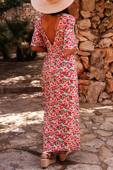 Red Floral Half Sleeve Deep V Neck Cutout Back Maxi Dress - Love Salve 