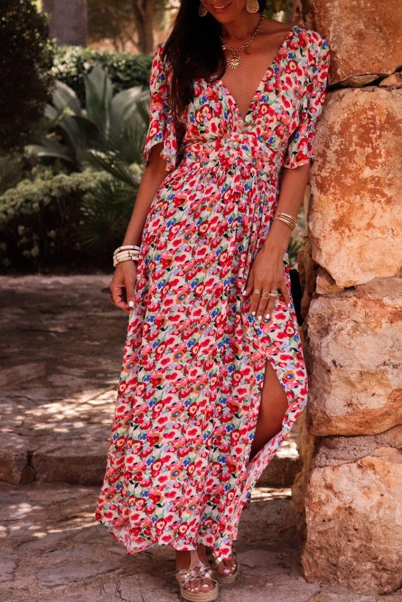 Red Floral Half Sleeve Deep V Neck Cutout Back Maxi Dress - Love Salve 