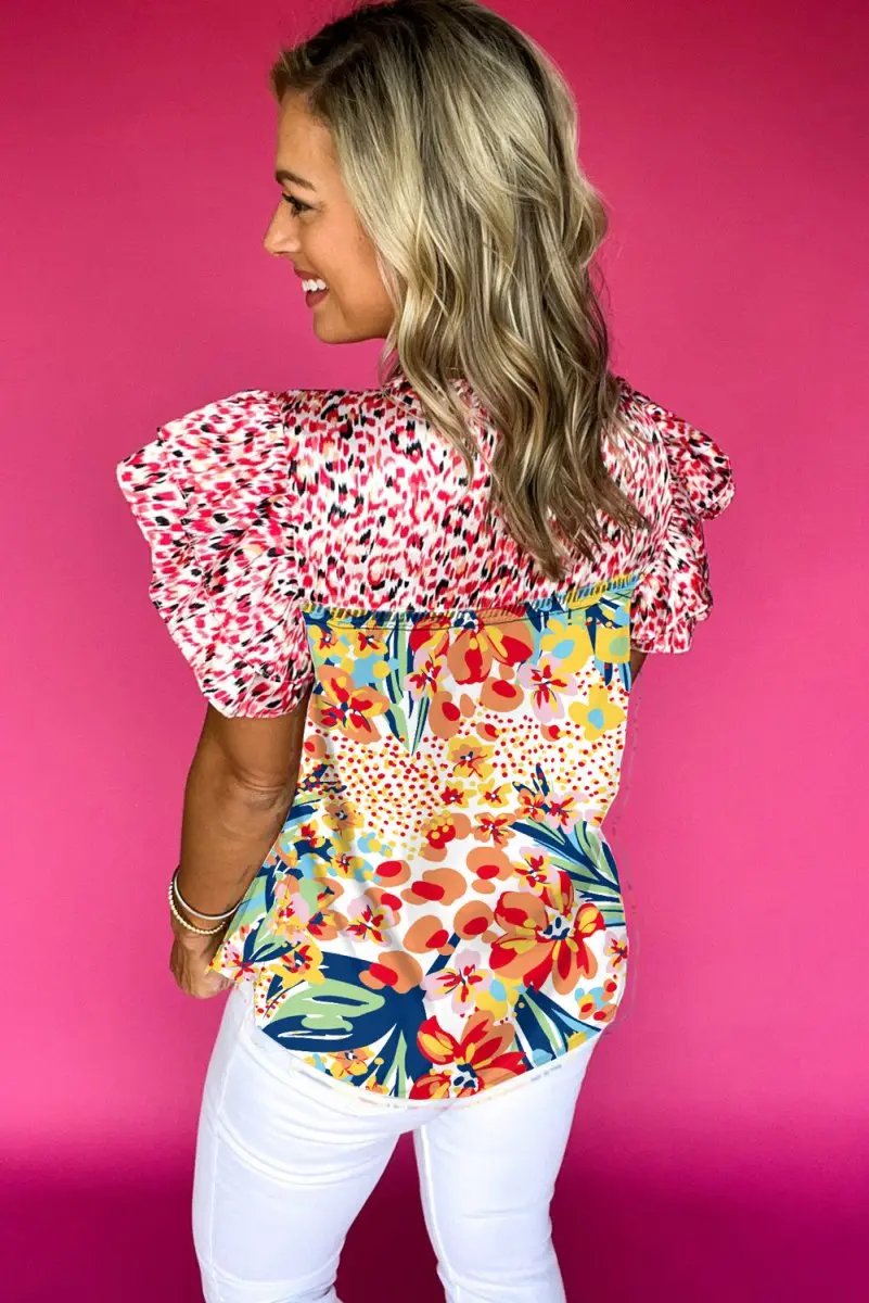 Red Floral Mixed Print Ruffle Cap Sleeve Blouse for Women - Love Salve 