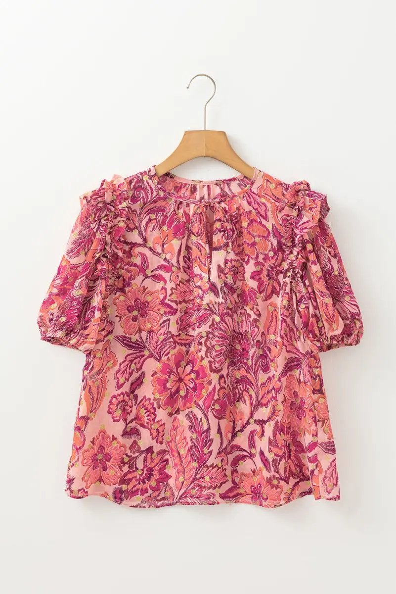 Red Floral Print Ruffled Puff Short Sleeve Blouse for Women - Love Salve 