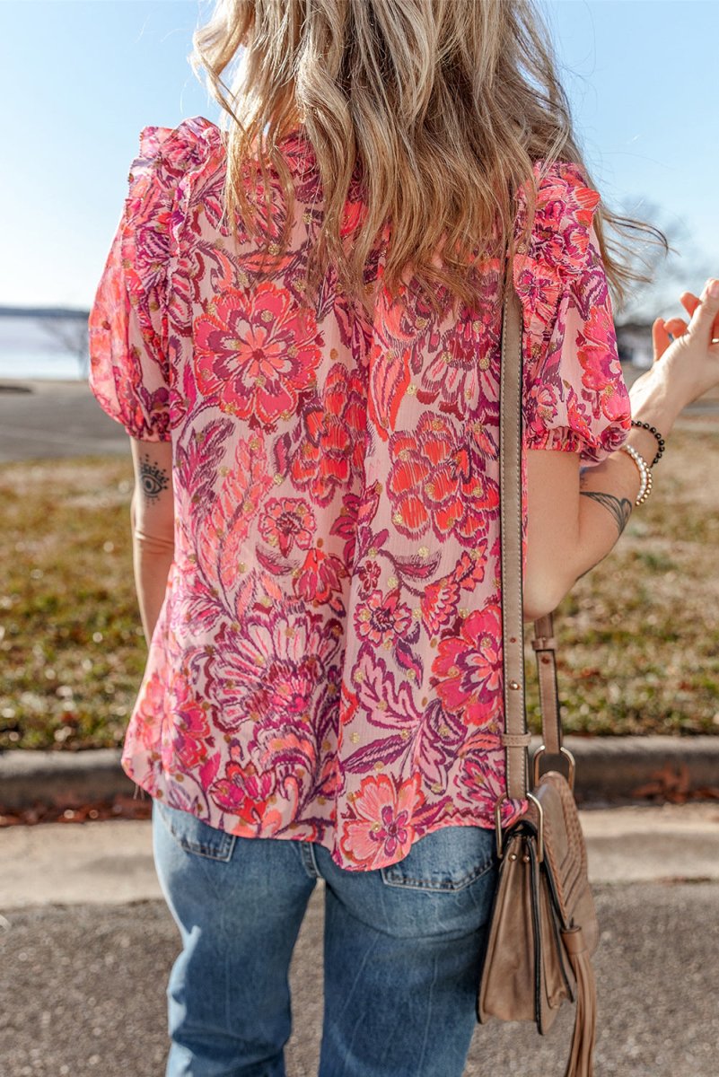 Red Floral Print Ruffled Puff Short Sleeve Blouse for Women - Love Salve 
