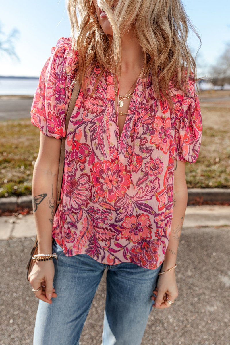 Red Floral Print Ruffled Puff Short Sleeve Blouse for Women - Love Salve 