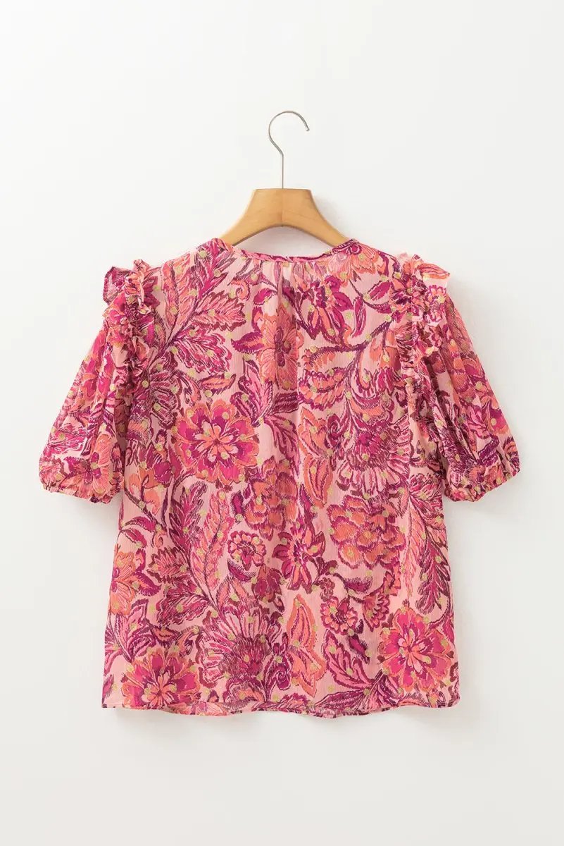 Red Floral Print Ruffled Puff Short Sleeve Blouse for Women - Love Salve 