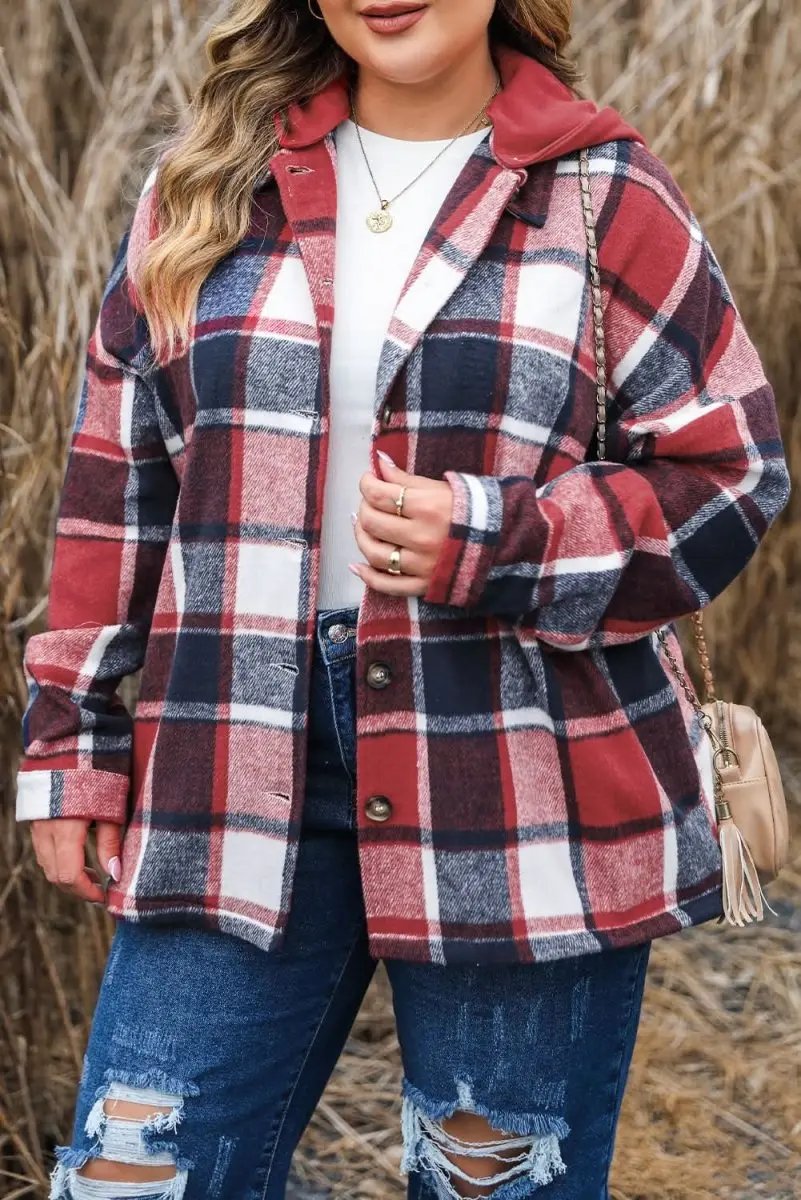 Red Printed Plus Size Plaid Button up Hooded Jacket - Love Salve 