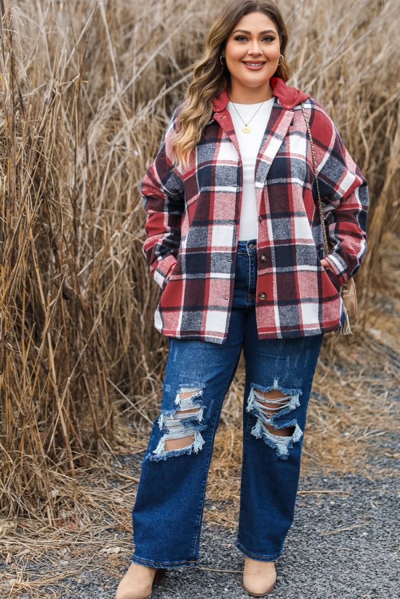 Red Printed Plus Size Plaid Button up Hooded Jacket - Love Salve 