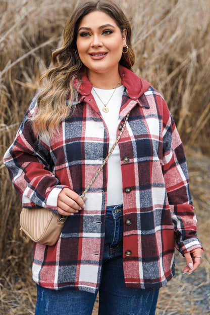 Red Printed Plus Size Plaid Button up Hooded Jacket - Love Salve 