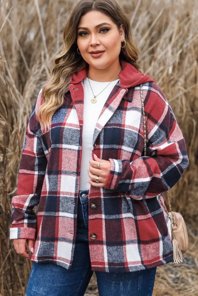Red Printed Plus Size Plaid Button up Hooded Jacket - Love Salve 