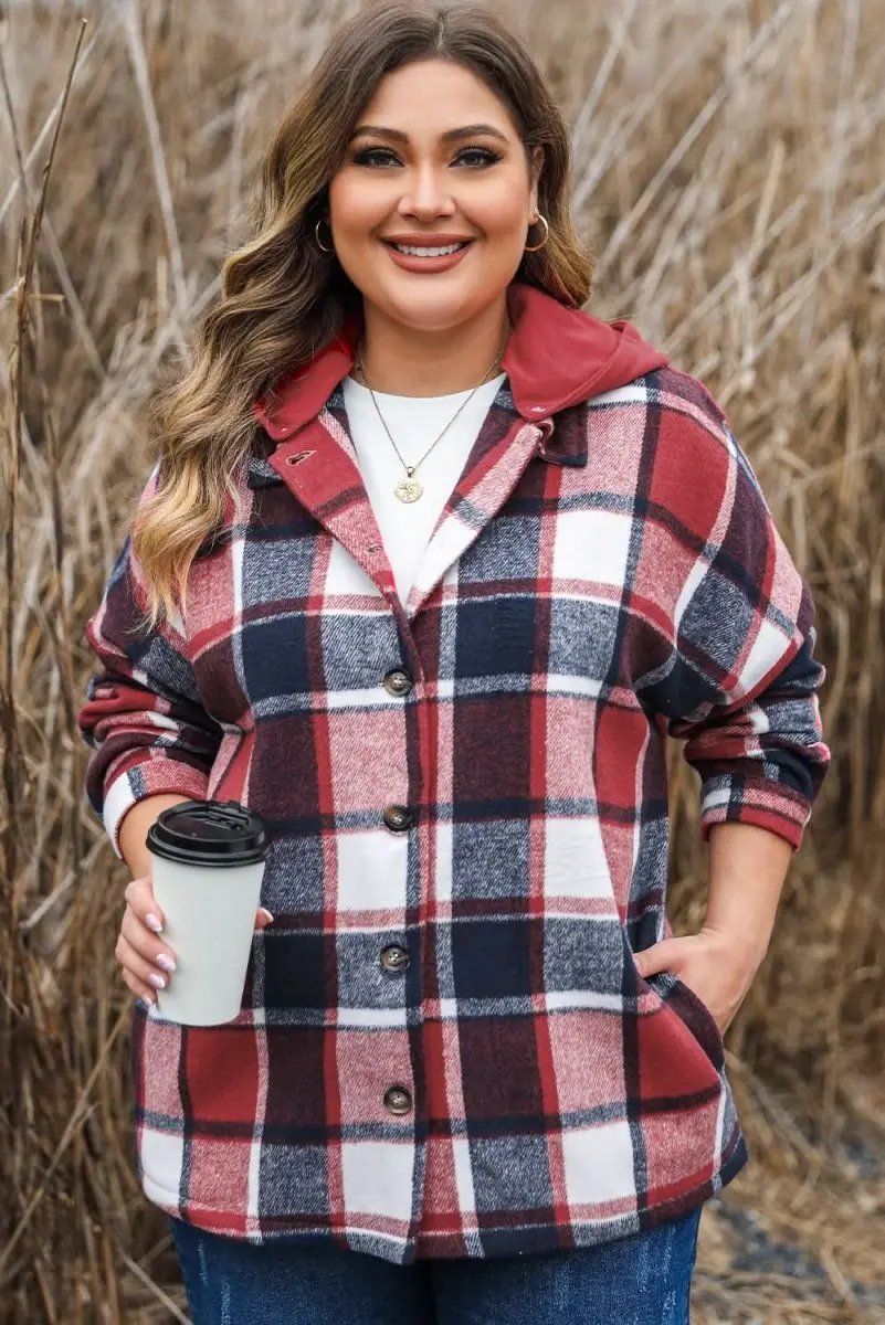 Red Printed Plus Size Plaid Button up Hooded Jacket - Love Salve 