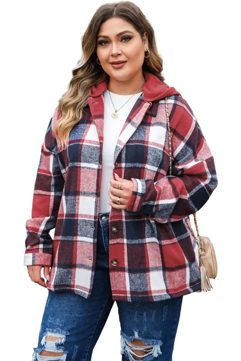Red Printed Plus Size Plaid Button up Hooded Jacket - Love Salve 