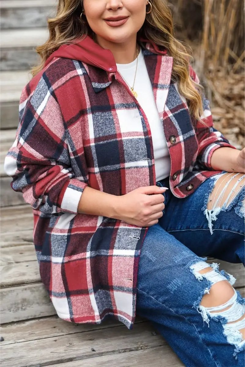 Red Printed Plus Size Plaid Button up Hooded Jacket - Love Salve 