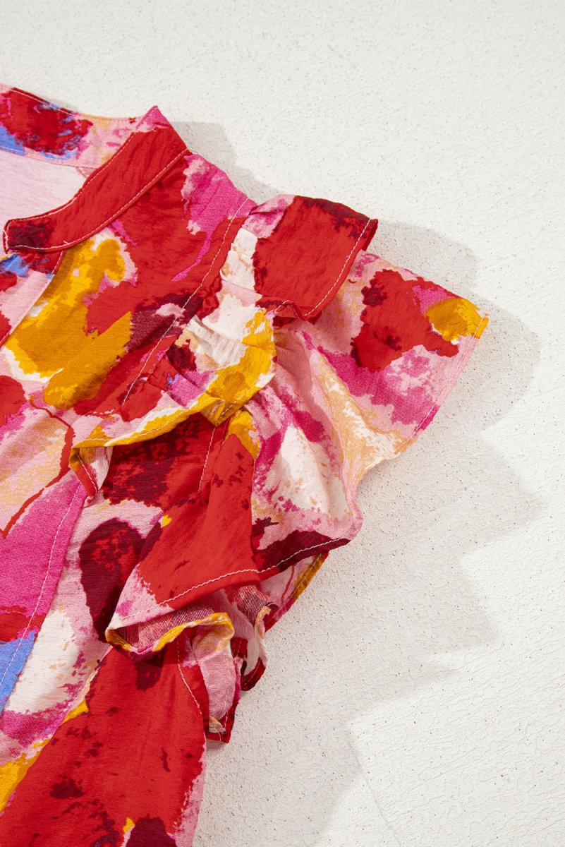 Red Ruffled V Neck Blouse with Abstract Print - Love Salve 