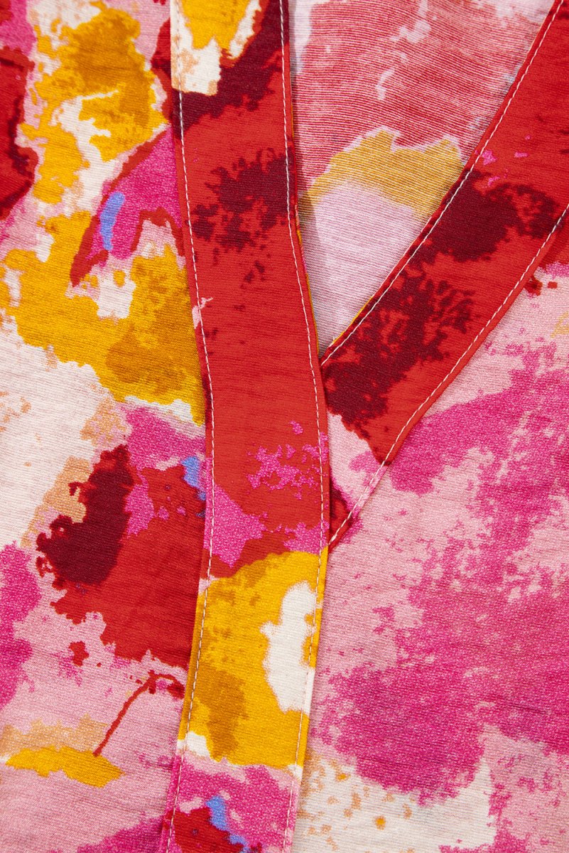 Red Ruffled V Neck Blouse with Abstract Print - Love Salve 