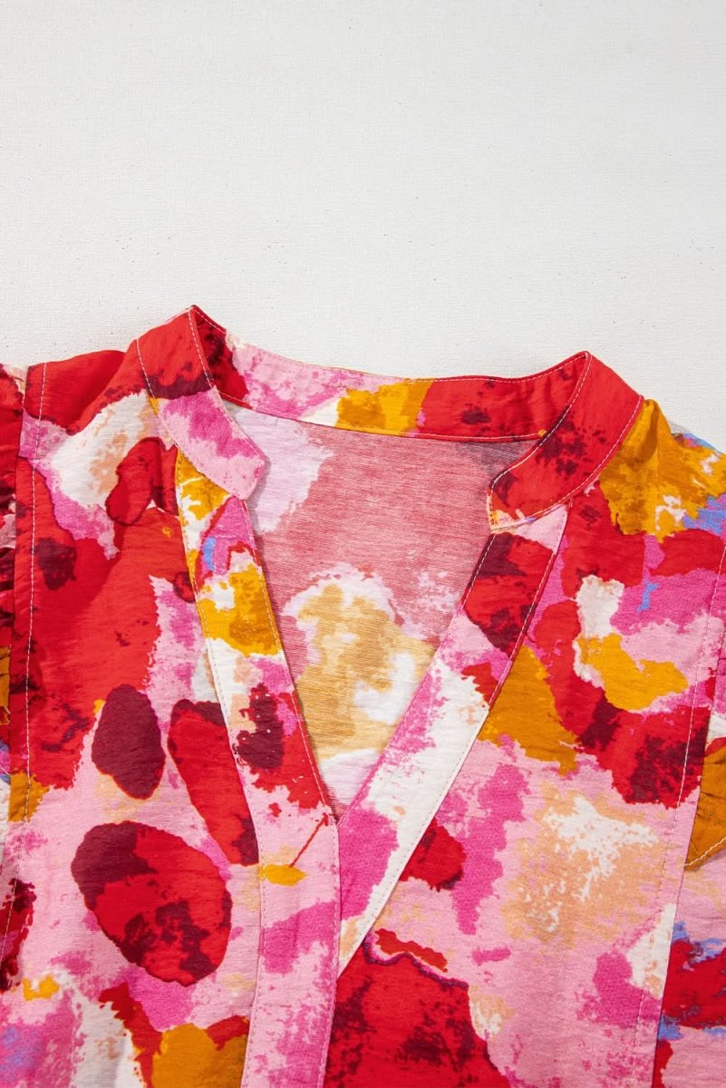 Red Ruffled V Neck Blouse with Abstract Print - Love Salve 
