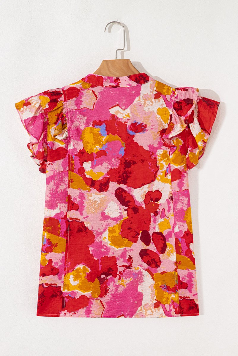 Red Ruffled V Neck Blouse with Abstract Print - Love Salve 