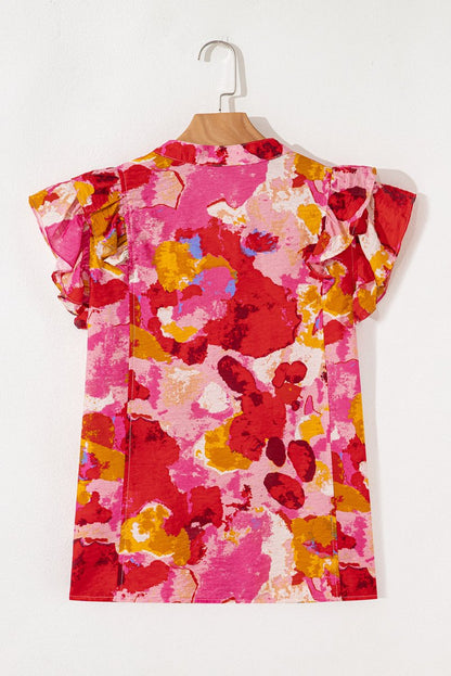 Red Ruffled V Neck Blouse with Abstract Print - Love Salve 