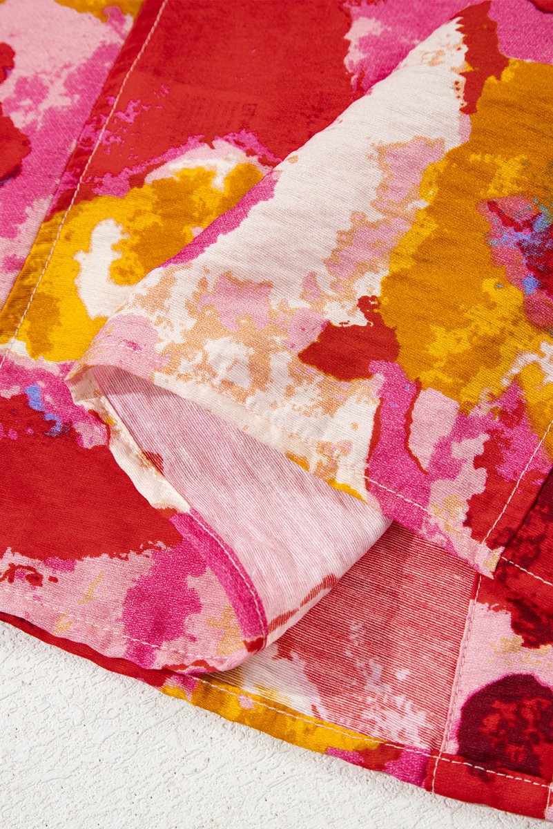 Red Ruffled V Neck Blouse with Abstract Print - Love Salve 