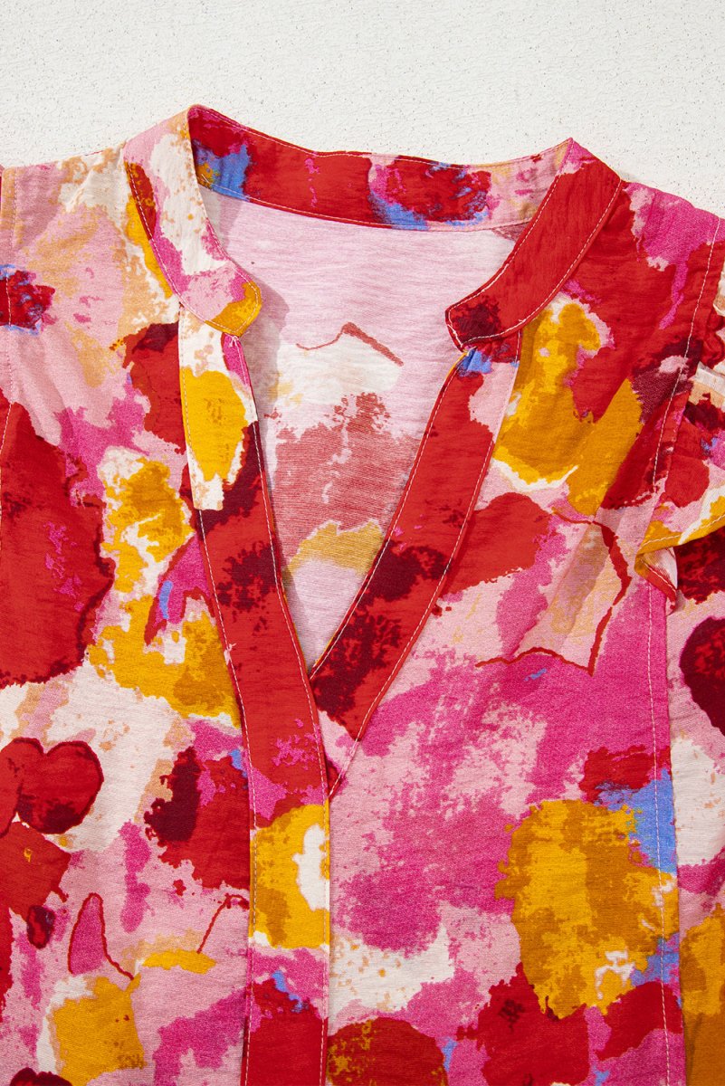 Red Ruffled V Neck Blouse with Abstract Print - Love Salve 