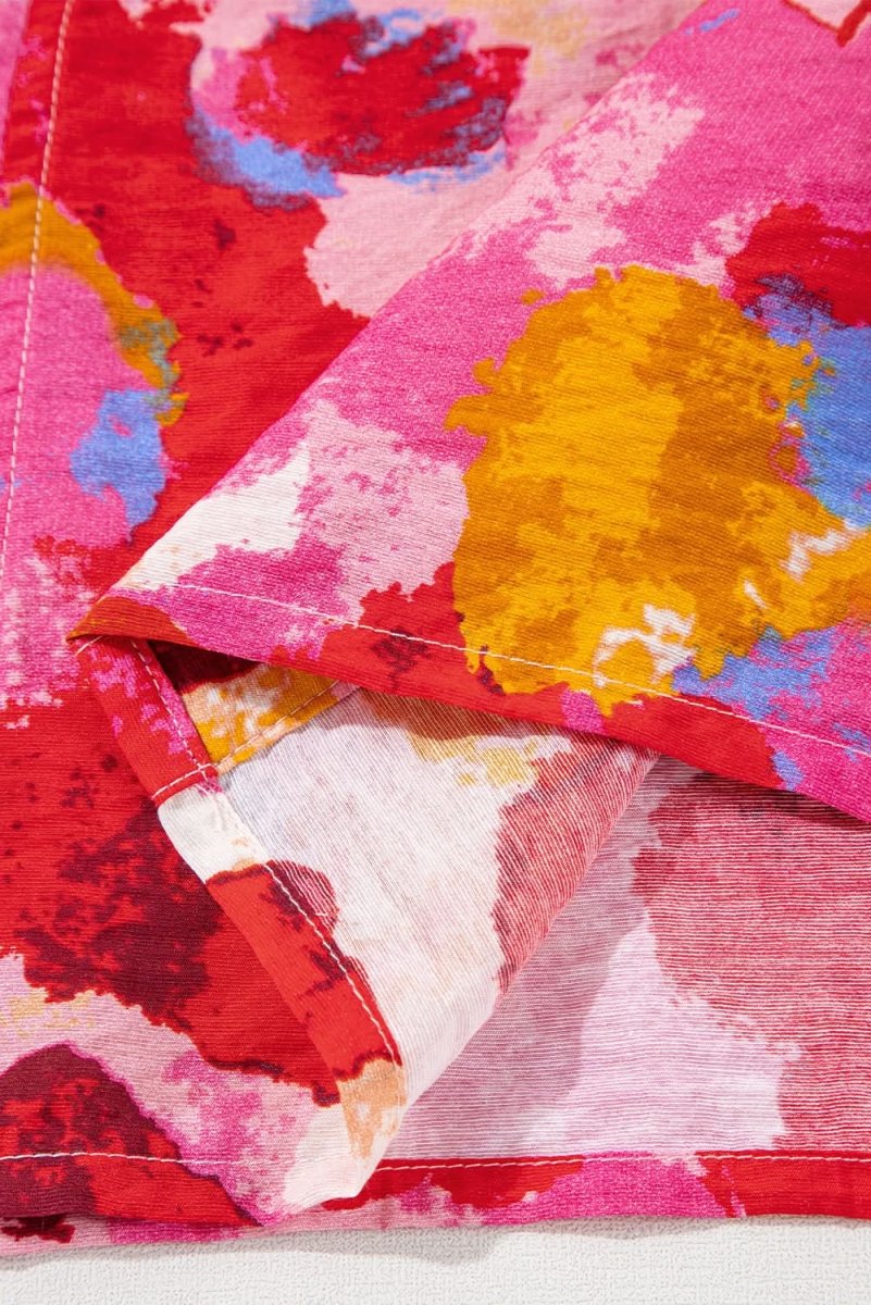 Red Ruffled V Neck Blouse with Abstract Print - Love Salve 