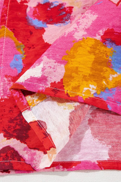 Red Ruffled V Neck Blouse with Abstract Print - Love Salve 