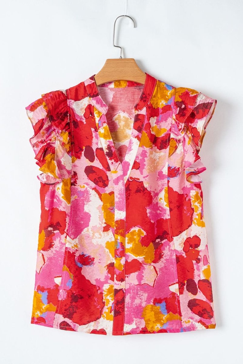 Red Ruffled V Neck Blouse with Abstract Print - Love Salve 