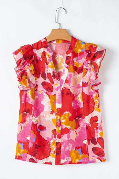 Red Ruffled V Neck Blouse with Abstract Print - Love Salve 