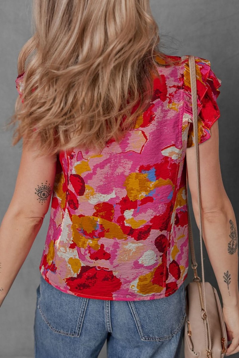 Red Ruffled V Neck Blouse with Abstract Print - Love Salve 