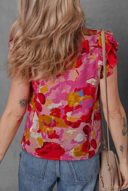 Red Ruffled V Neck Blouse with Abstract Print - Love Salve 