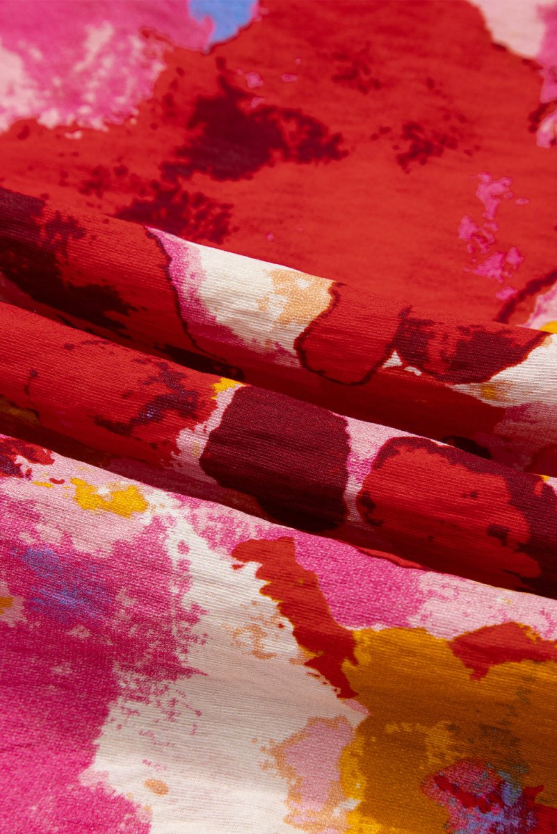 Red Ruffled V Neck Blouse with Abstract Print - Love Salve 