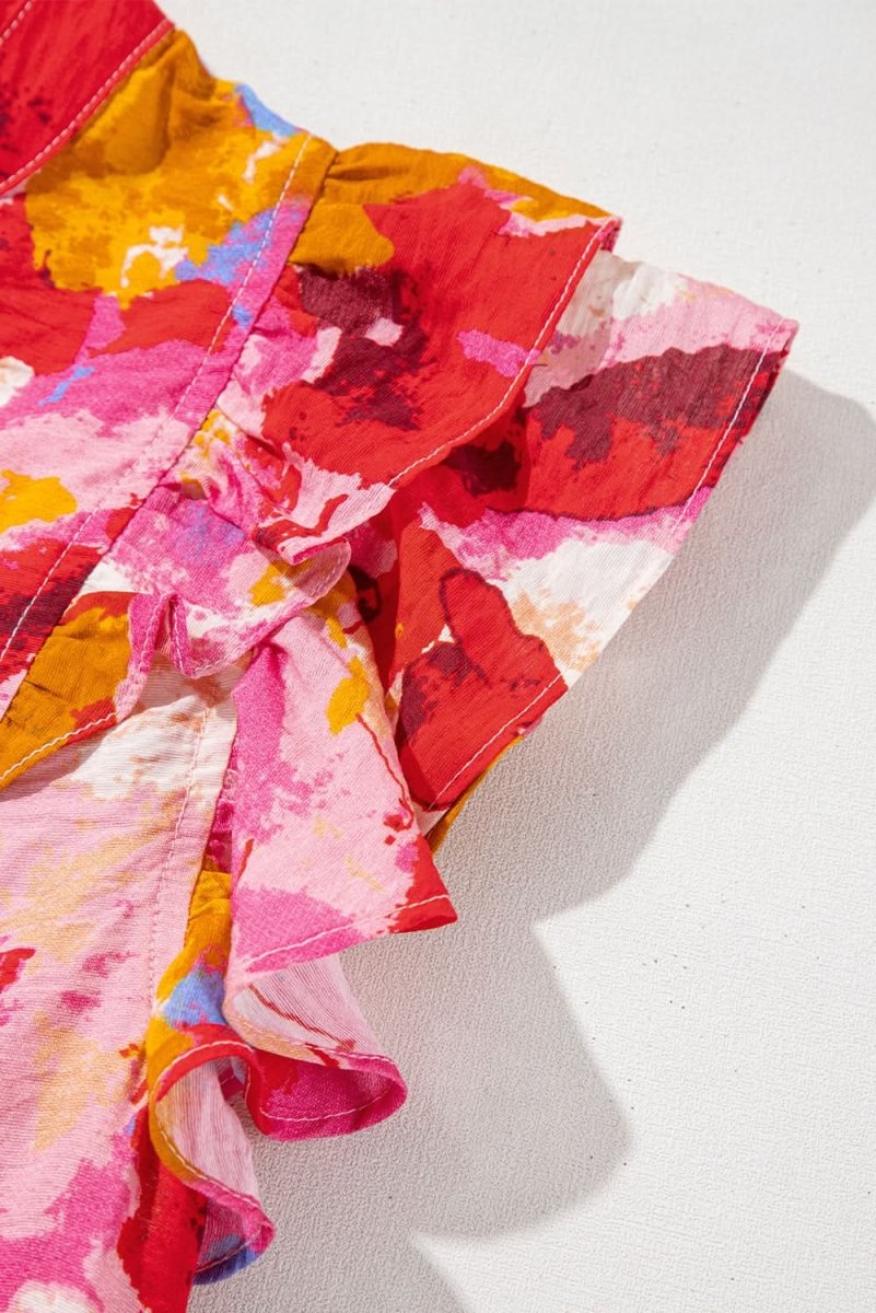 Red Ruffled V Neck Blouse with Abstract Print - Love Salve 