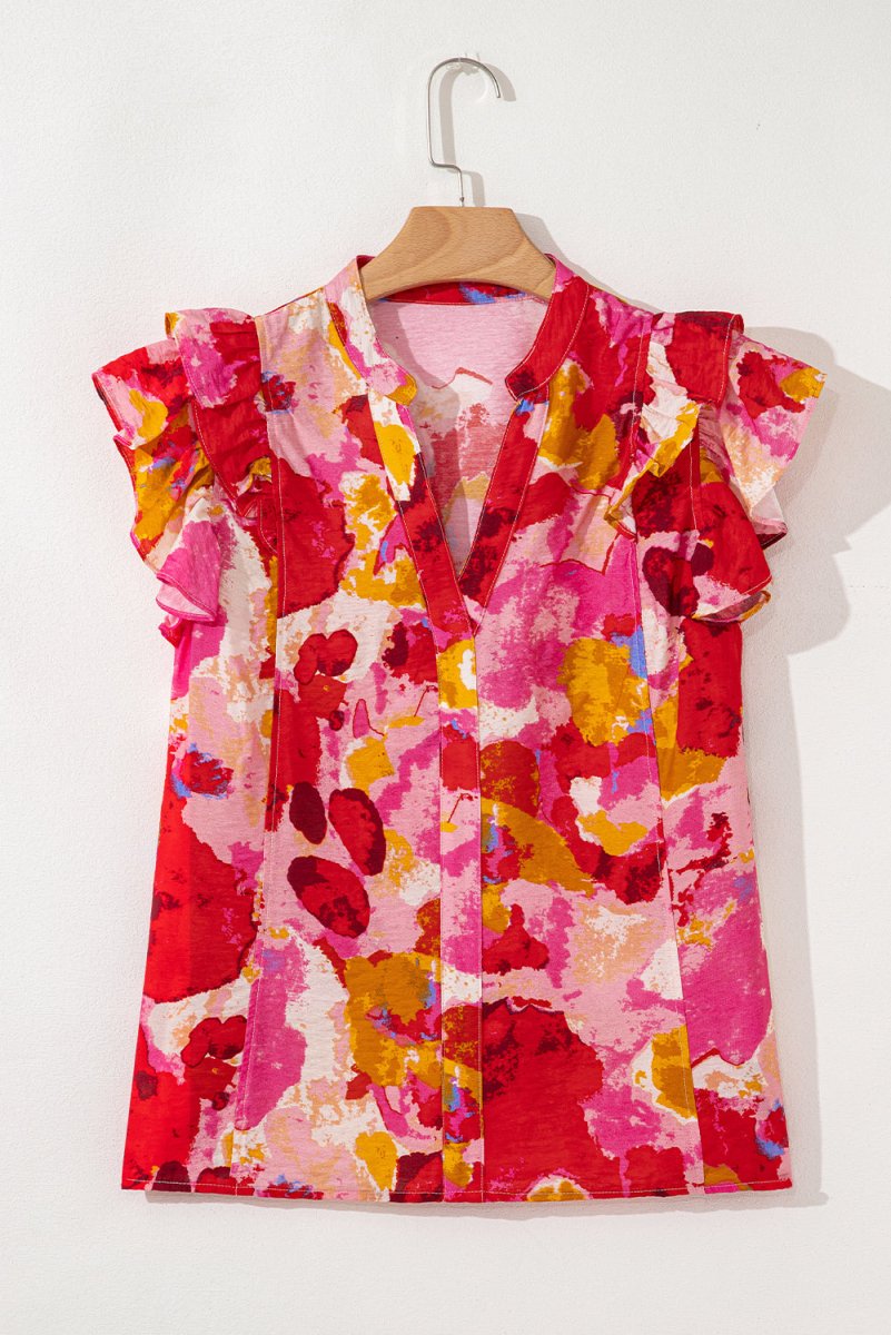 Red Ruffled V Neck Blouse with Abstract Print - Love Salve 