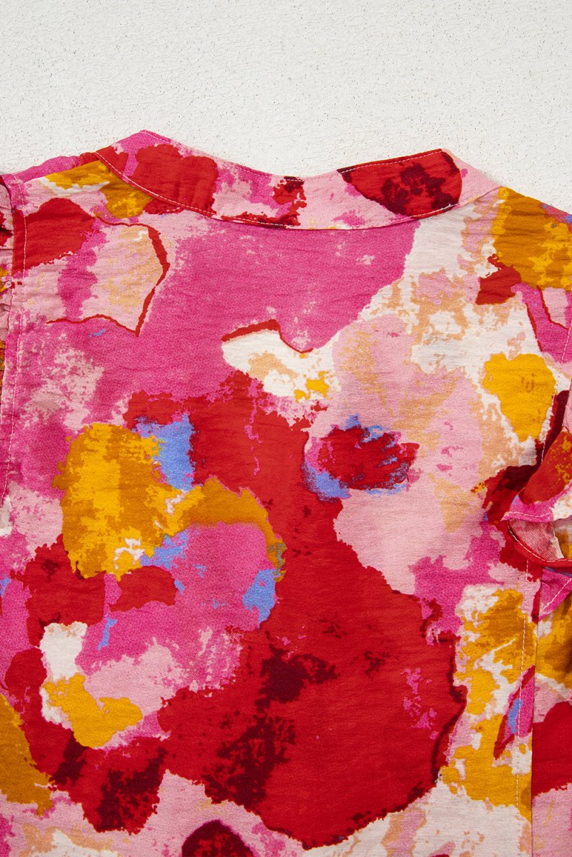 Red Ruffled V Neck Blouse with Abstract Print - Love Salve 