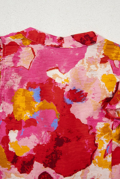 Red Ruffled V Neck Blouse with Abstract Print - Love Salve 