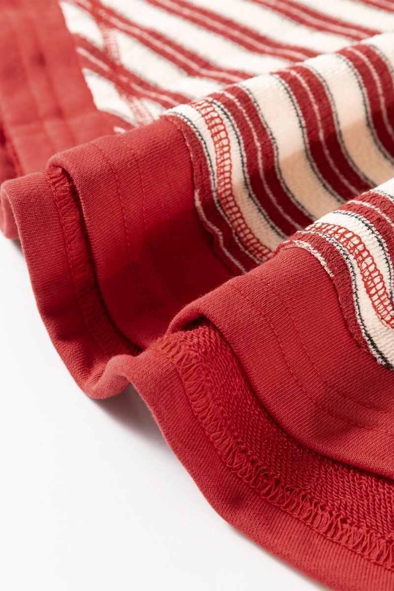 Red Stripe Buttoned V Neck Collared Drop Shoulder Top - Love Salve 