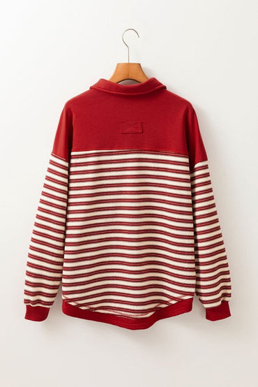 Red Stripe Buttoned V Neck Collared Drop Shoulder Top - Love Salve 